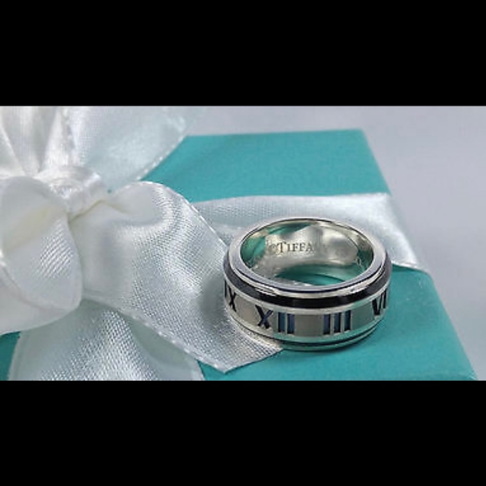 Tiffany & Co. Atlas Midnight Black Titanium TI Ring Sz 10 Sterling Silver 925